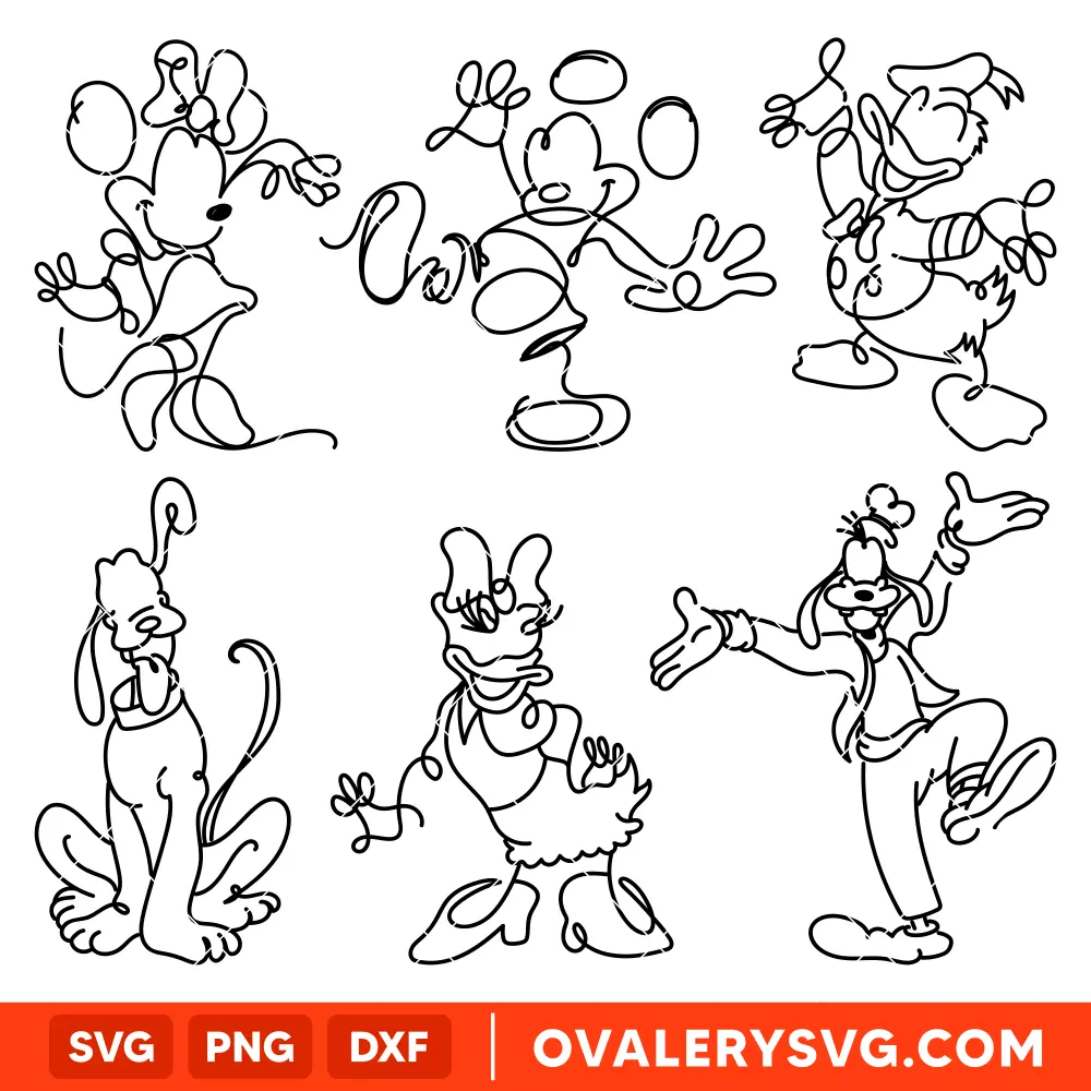 Disney Characters Doodle Outline Bundle SVG, Disney SVG | Instant Download SVG PNG Cut File for Cricut & Silhouette