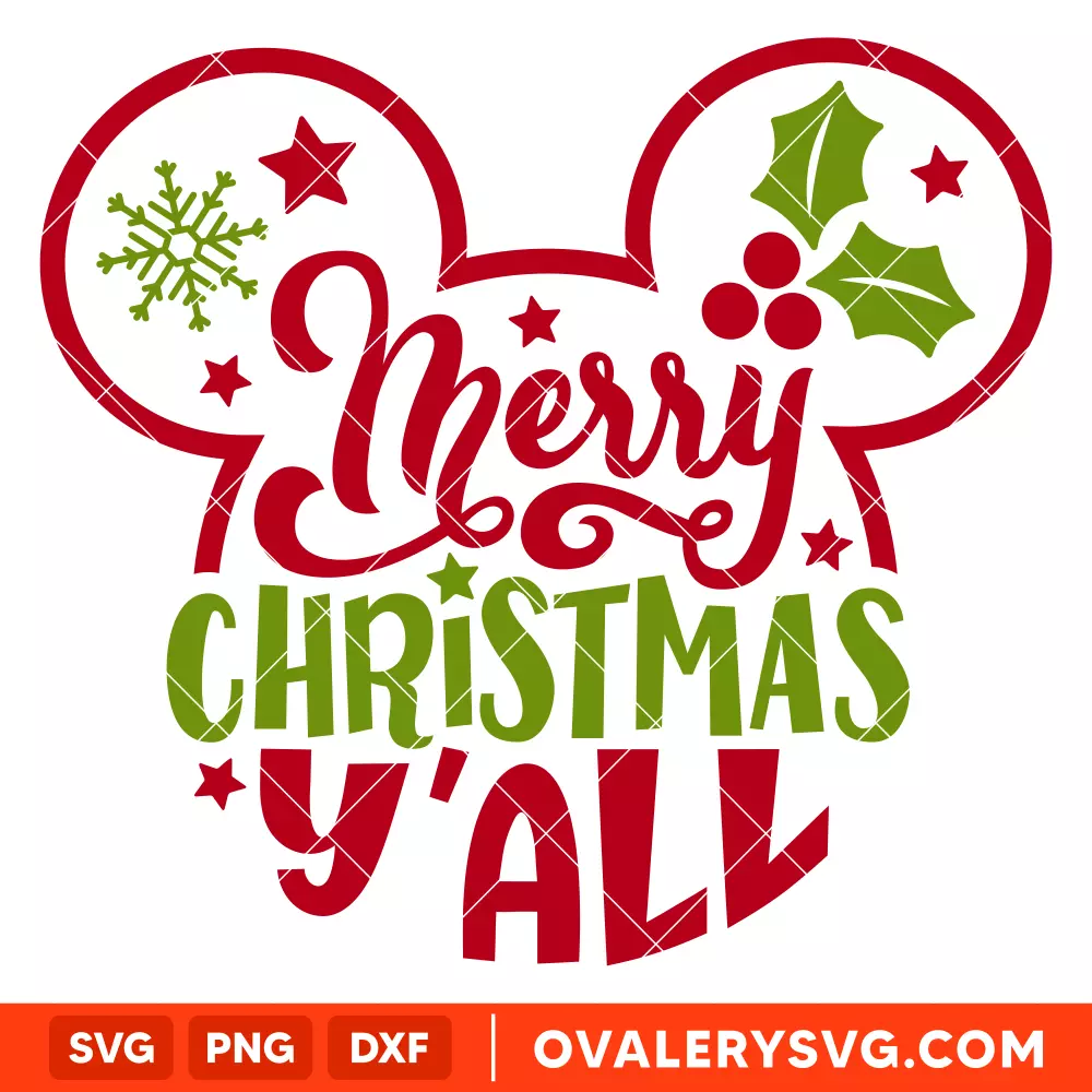 Merry Christmas Y'all Mickey Svg, Christmas Svg, Disney Christmas Svg, Cricut, Silhouette Vector Cut File