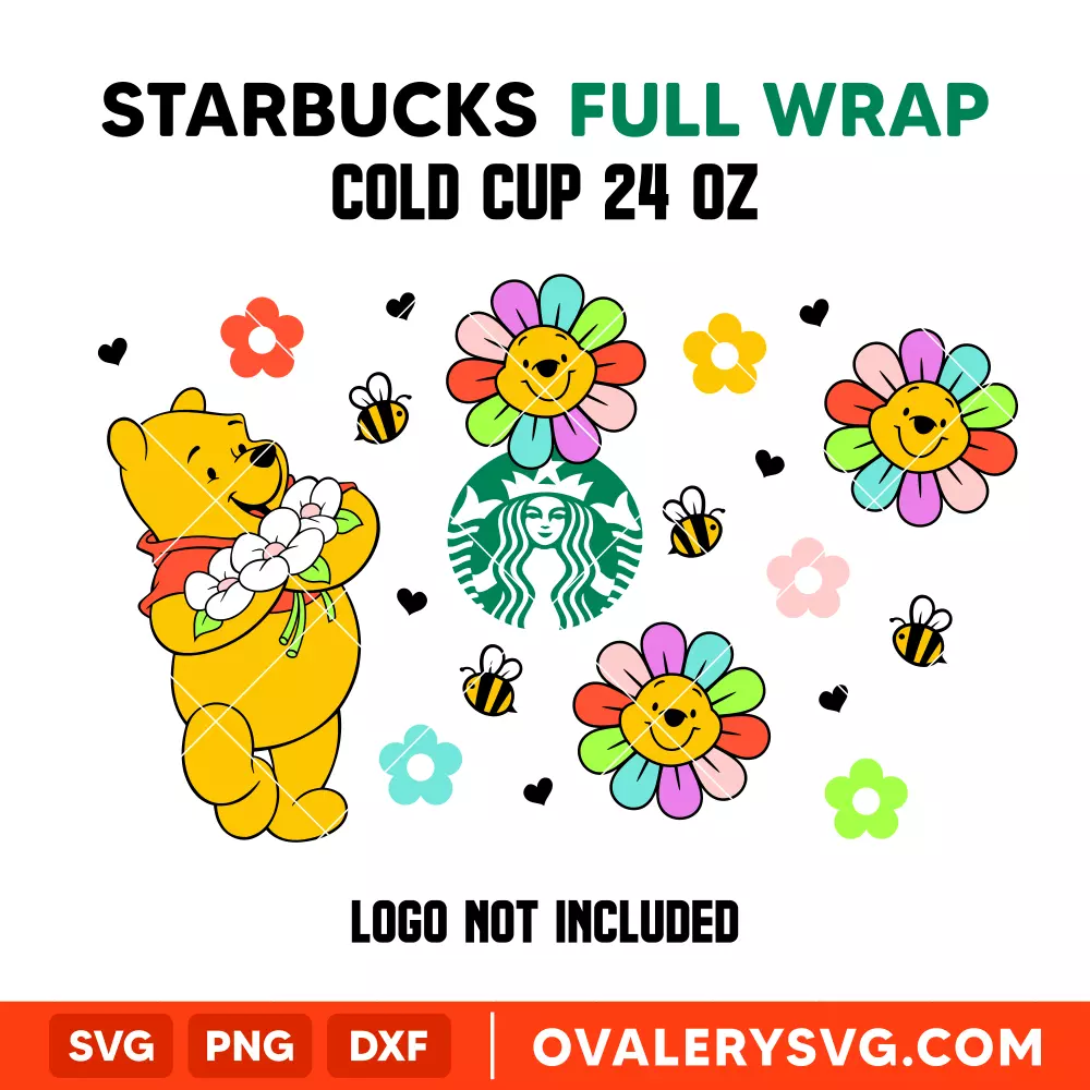 Rainbow Sunflower Pooh Bear Full Wrap SVG, Starbucks SVG, Cold Cup SVG, Cricut, Silhouette SVG PNG Cut File
