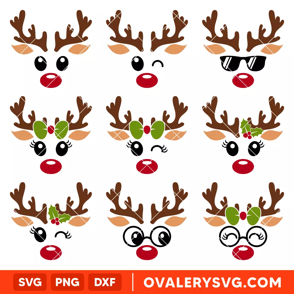 Christmas Reindeer Bundle Svg, Reindeer Face Svg, Merry Christmas Svg, Santa Claus Svg, Cricut, Silhouette Vector Cut File