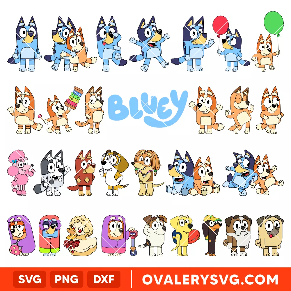 Bluey Characters Bundle SVG, Birthday Invitation SVG, Bluey the Dog SVG, Bluey And Bingo SVG, Cricut, Silhouette SVG PNG Cut File