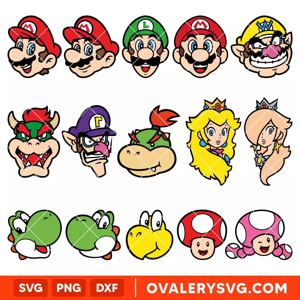 Super Mario Heads Bundle SVG, Mario Characters SVG, Super Mario SVG, Mario Bros SVG, Cricut, Silhouette SVG PNG Cut File