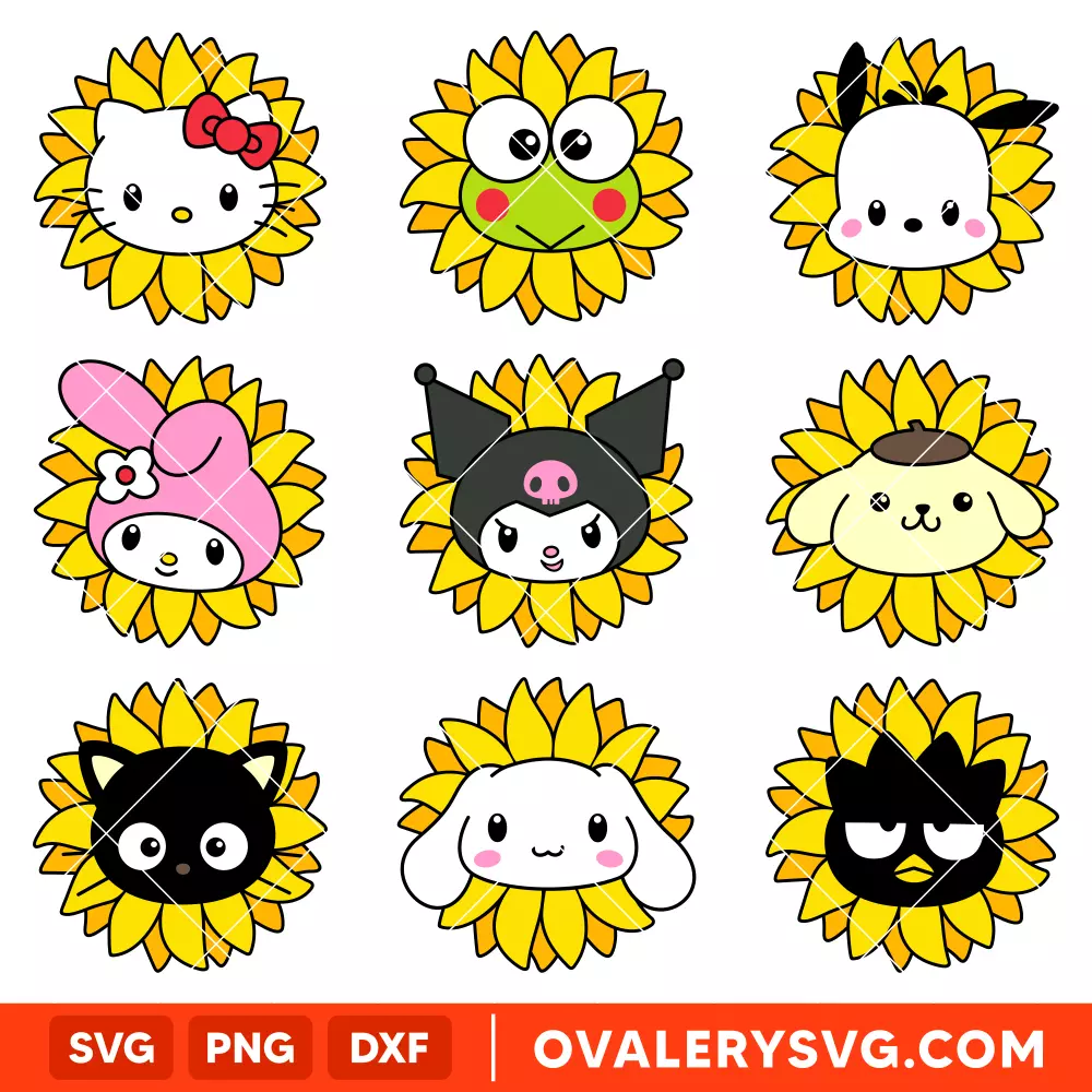 Sunflower Sanrio Characters Bundle SVG, Sanrio SVG, Hello Kitty SVG, Cricut, Silhouette SVG PNG Cut File