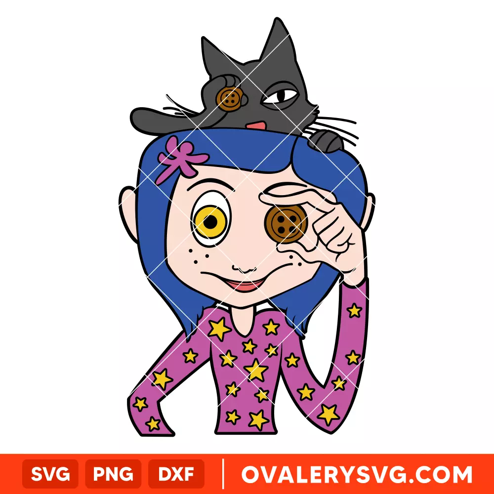 Coraline with Cat SVG, Coraline Button Eyes SVG, Halloween SVG, Horror SVG, Cricut, Silhouette SVG PNG Cut File