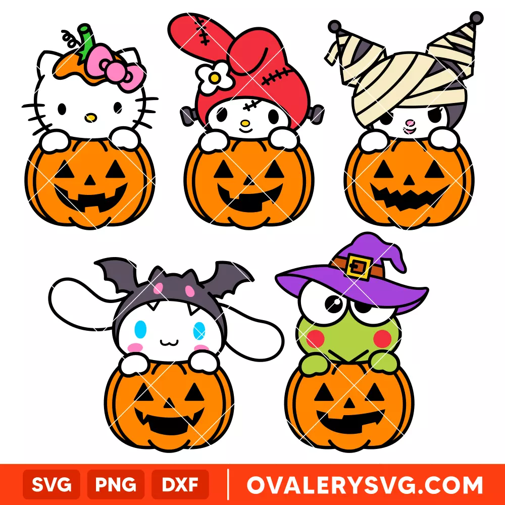 Pumpkin Sanrio Characters Bundle SVG, Halloween SVG, Hello Kitty SVG, Cricut, Silhouette SVG PNG Cut File