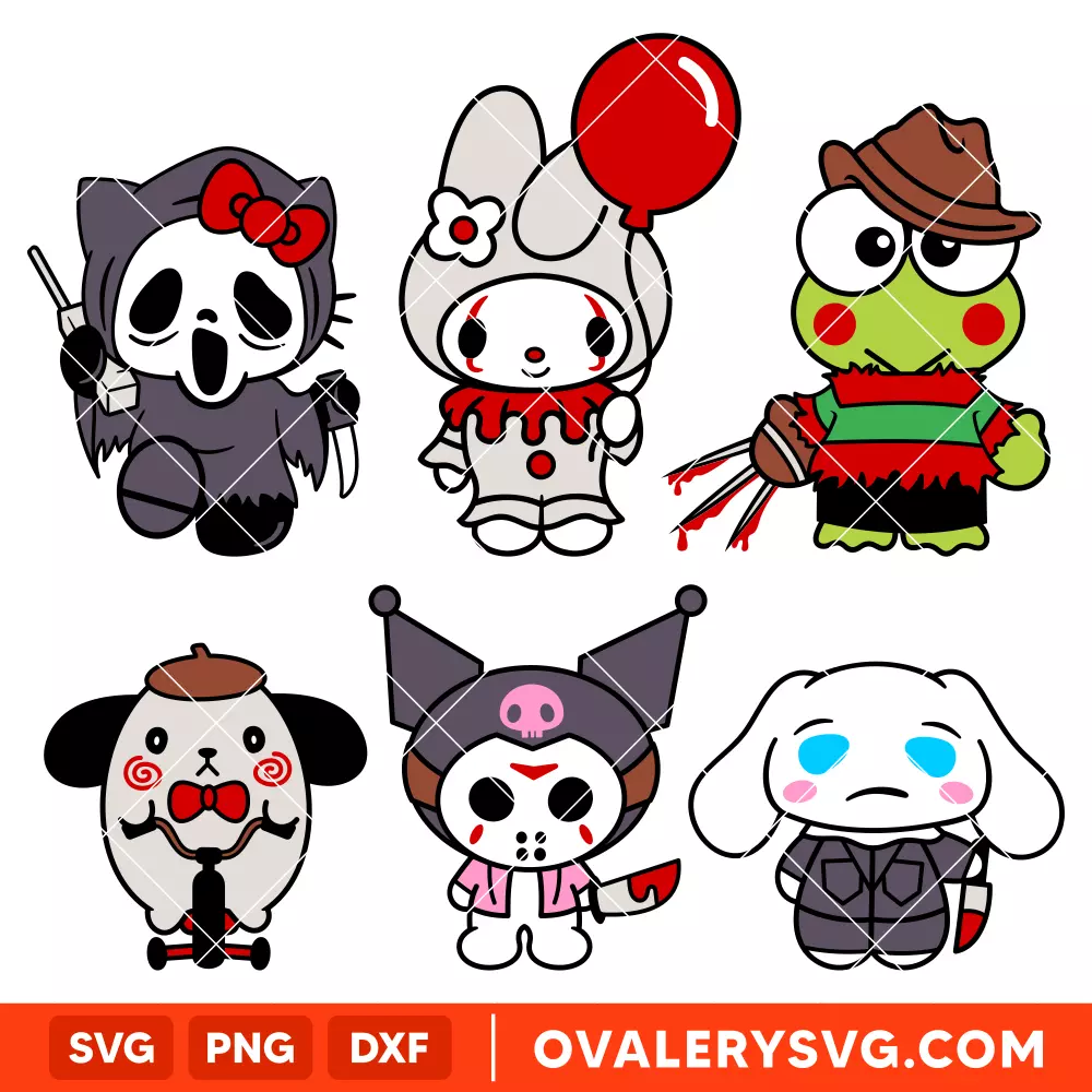 Sanrio Horror Movie Characters Bundle SVG, Halloween SVG, Hello Kitty SVG, Cricut, Silhouette SVG PNG Cut File
