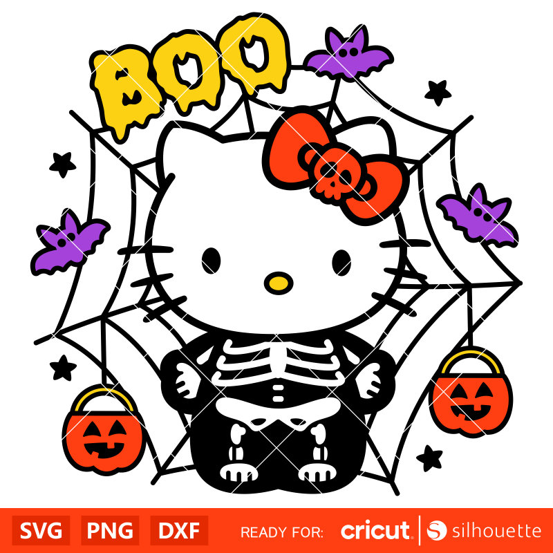 Boo Skeleton Kitty Svg, Spider Web Hello Kitty Svg, Halloween Svg ...