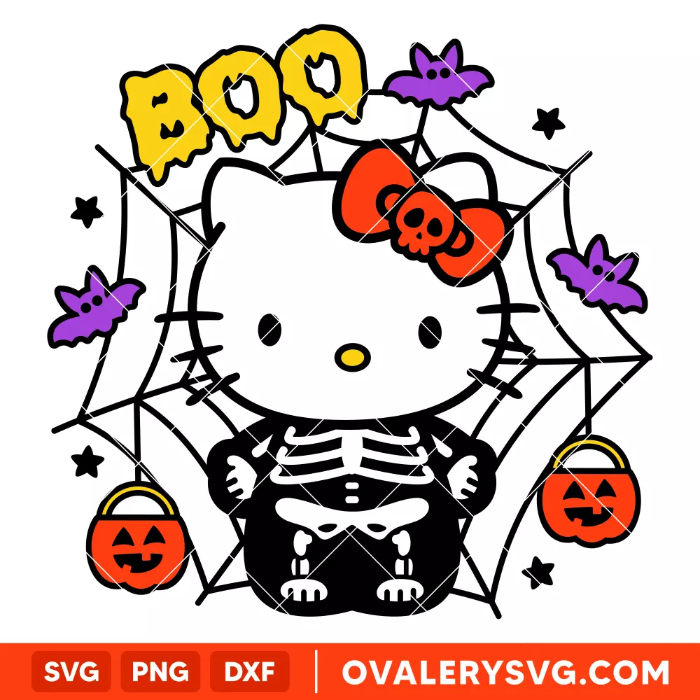 Boo Spider Web Hello Kitty SVG, Skeleton SVG, Halloween SVG, Sanrio SVG, Cricut, Silhouette SVG PNG Cut File