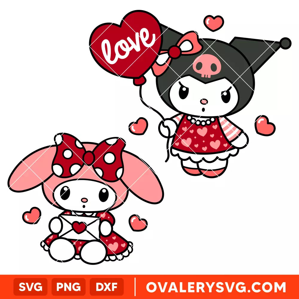 Valentine My Melody & Kuromi Bundle SVG, Valentine’s Day SVG, Sanrio SVG, Cricut, Silhouette SVG PNG Cut File