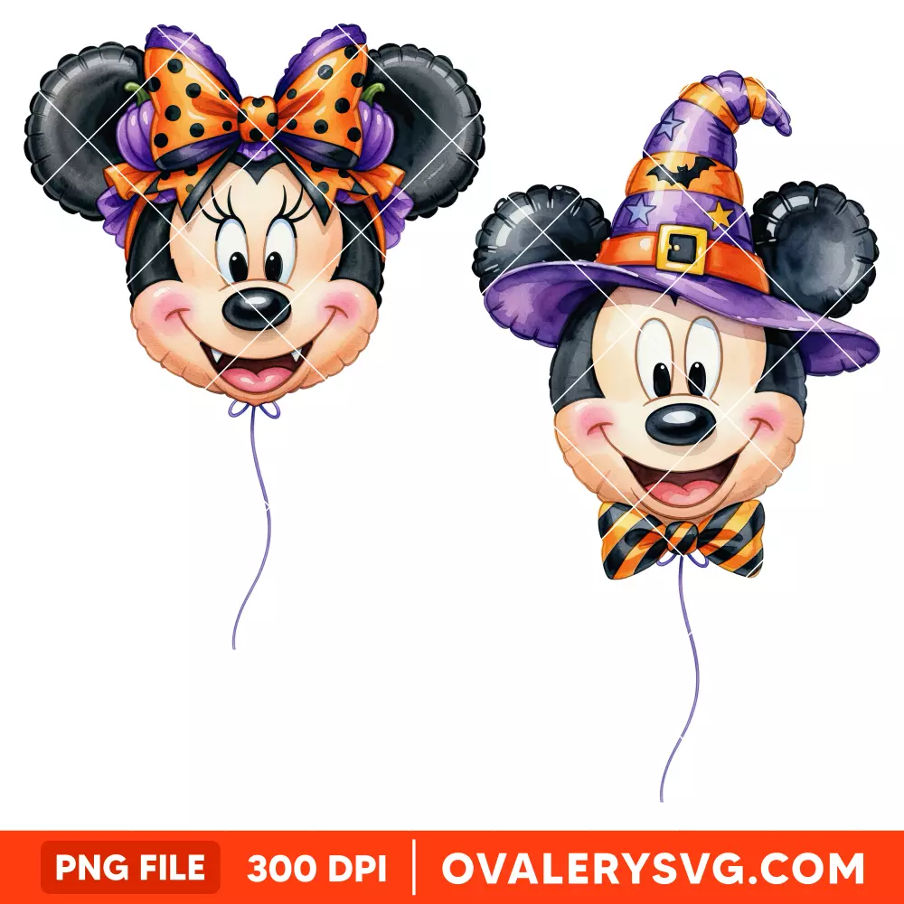 Mickey and Minnie Halloween Balloon PNG Bundle, Watercolor PNG | Instant Download PNG File for Sublimation & Printing