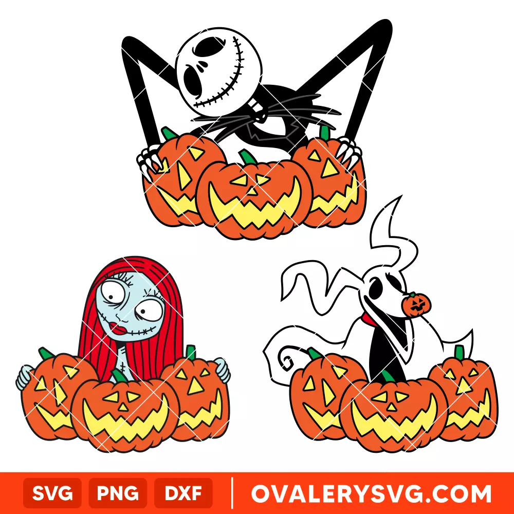 Jack, Sally, Zero Pumpkin Bundle SVG, Nightmare Before Christmas SVG, Halloween SVG | Instant Download SVG PNG Cut File for Cricut & Silhouette